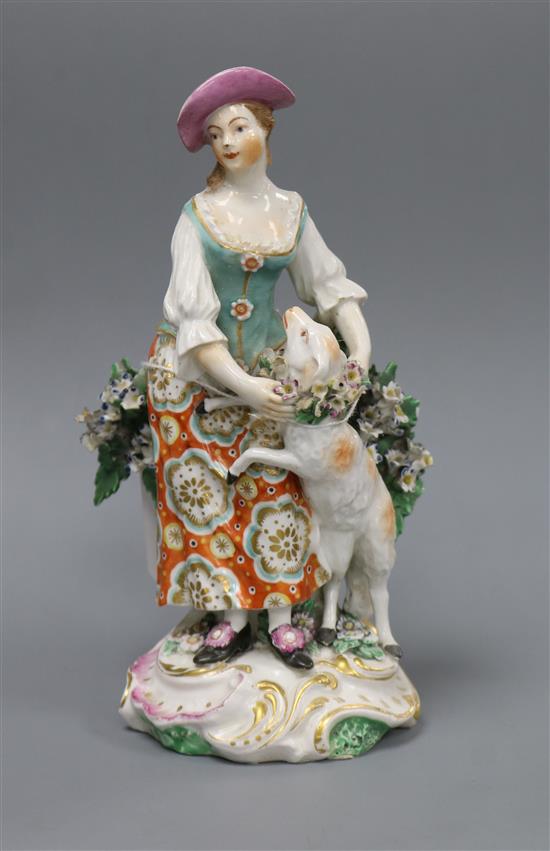 A Derby figure of a shepherdess, c.1765, h. 19cm, small losses